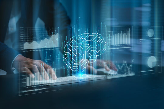 Artificial intelligence (AI) brain image with circuit board lines inside. Businessman analyzes data graph using AI, modern computer technology. Big data analysis with artificial intelligence - Powered by Adobe