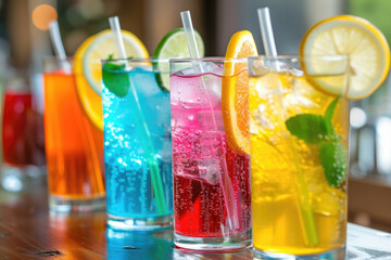 A row of colorful drinks with lemon juice