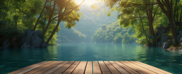 Forgoton quiet wooden pier on a lake deep in the forest. - obrazy, fototapety, plakaty