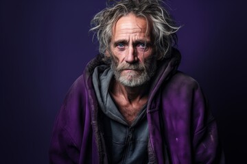 Fototapeta premium A despondent elderly homeless man, 70 years old, emphasizing the emotional toll of homelessness on individuals