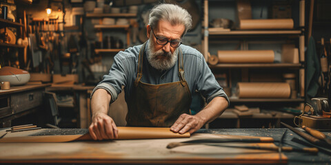 man on his 60 ties working in his workshop wearing an apron. White hair and beard, wearing glasses.