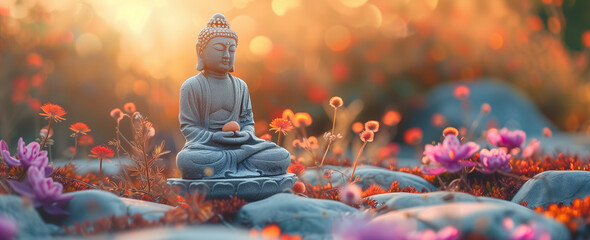 statue of buddha in lotus position in the garden at sunset.
