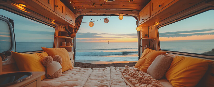 View of the sea from the inside of a camper van. Vanlife and gentle lifestyle.