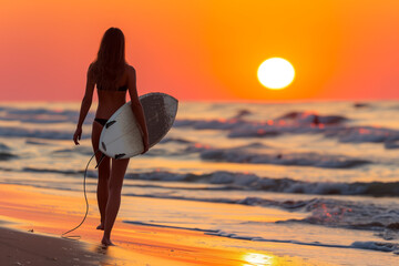 back view of a woman surfer on the beach in sunset - obrazy, fototapety, plakaty