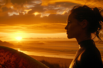 woman surfer on the beach in sunset
