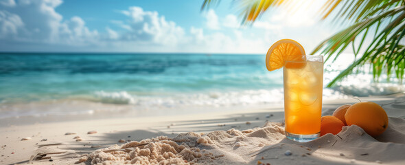 Tropical coctail by the ocean. Waves lapping on white sand under the palm trees. Summer holiday and...