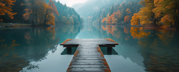 Pier on a lake in the mountains in the morning mist. - obrazy, fototapety, plakaty