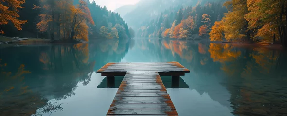 Foto op Canvas Pier on a lake in the mountains in the morning mist. © Holly Berridge