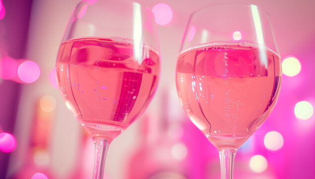 Festive image of two wine glasses of alcohol in pink tones on bokeh background.