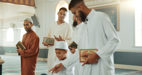 Islam, smile and group of men in mosque with child, mindfulness and gratitude in faith. Worship,...