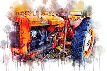 Old tractor parked on field