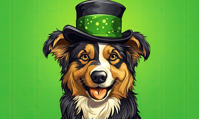 Cute Dog wearing Patrick Day Hat Banner with Copy Space