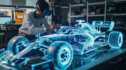 An engineer designing a f1 car using augmented reality and viewing the car as a projection or hologram in high-tech laboratory.