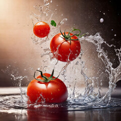 Fresh tomatoes captured in mid-splash with vibrant contrast and dynamic motion.