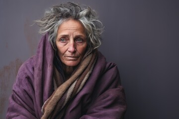 An older homeless woman, 60 years old, expressing sorrow, underscoring the emotional challenges associated with homelessness on a solid muted mauve background