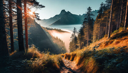 Mountain with a forest and thick fog, the narrow path is overgrown, early in the morning