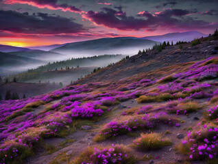 Mountain, valley, landscape , fields. Nature , hills, clouds, sky, sunset