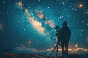 Obraz premium Under a twilight canopy, a telescope points towards an ethereal skyscape, inviting a glimpse into the cosmic ballet of reds, pinks, and blues.