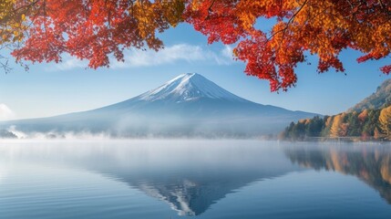 Discover the enchanting blend of autumnal colors at Lake Kawaguchiko, with the majestic Mount Fuji standing tall amidst morning fog