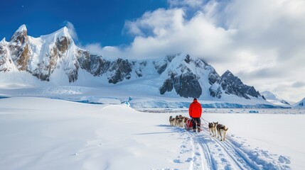 Naklejka na ściany i meble Frozen journey, person with sled of dogs traverses snowy antarctica, an epic adventure through icy landscapes with loyal canine companions, exploring the remote and pristine wildernes