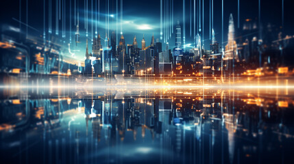 Double exposure of business theme hologram drawing and city veiw background. Concept of success.