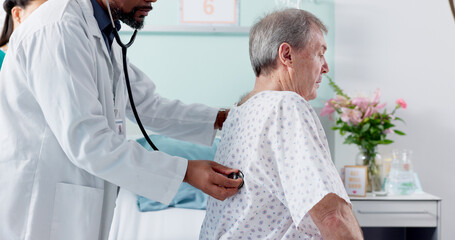 Doctor, patient and check lungs in hospital for elderly care of man health of heart, cardiovascular...