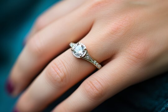 
Photo of the ring finger with a vintage engagement ring, the girl's excited face softly out of focus behind