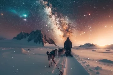 Foto op Aluminium Frozen journey, person with sled of dogs traverses snowy antarctica, an epic adventure through icy landscapes with loyal canine companions, exploring the remote and pristine wildernes © Ruslan Batiuk