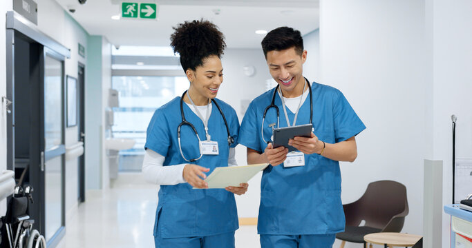 Hospital, nurse and people with tablet in discussion with analysis of results and health report in clinic. Healthcare, teamwork and medical students with tech for diagnosis, research or collaboration