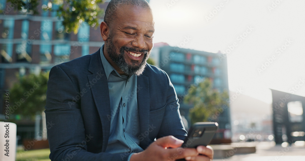 Aufkleber smile, phone and african businessman in the city networking on social media, mobile app or internet.