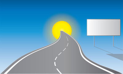 Curvy road in perspective towards the sun with a blue background, with an advertising sign with space for text