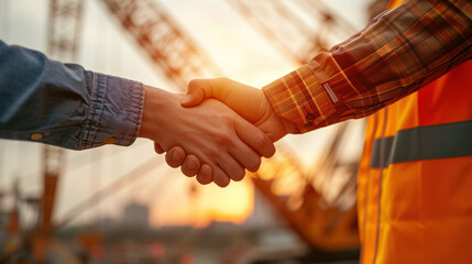 Contractor. construction worker team shaking hand after business meeting to greeting start up project contract in construction site building, successful, partnership, teamwork concept