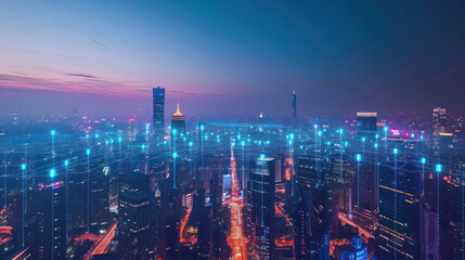 Smart City. global media link connecting on night city background, digital, internet, communication, networking, smart city, business, partnership, network connection and technology concept