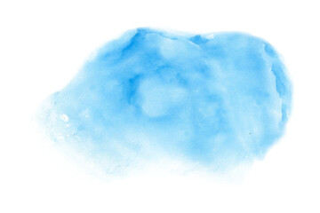 Bright blue watercolor splash isolated on white background. Abstract cold color hand drawn brush stroke illustration