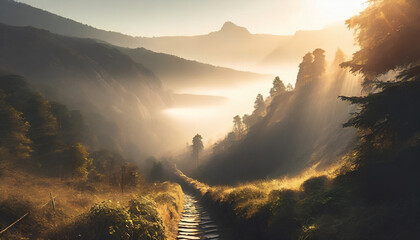 Mountain with a forest and thick fog, the narrow path is overgrown, early in the morning - obrazy, fototapety, plakaty
