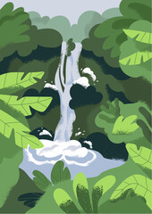 Nature poster. Jungle landscape card background. Waterfall in rainforest, green tropical forest with palm trees, plants. Water falls in woods. Serene peaceful scenery. Flat vector illustration - 733672366