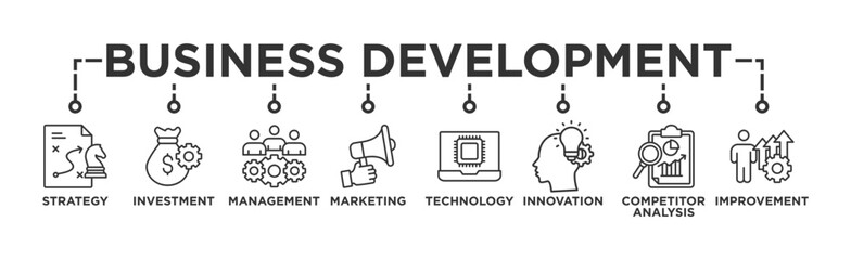 Business development banner web icon vector illustration concept with icon of strategy, investment, management, marketing, technology, innovation, competitor analysis, improvement