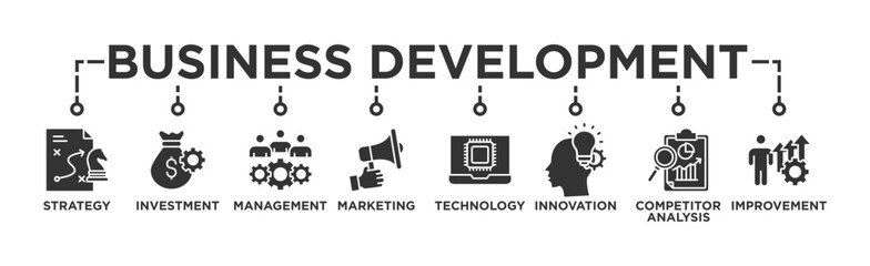 Business development banner web icon vector illustration concept with icon of strategy, investment, management, marketing, technology, innovation, competitor analysis, improvement
