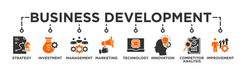 Business development banner web icon vector illustration concept with icon of strategy, investment, management, marketing, technology, innovation, competitor analysis, improvement