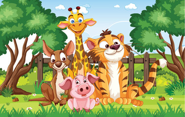 Obraz na płótnie Canvas Cartoon animals smiling together in a green park
