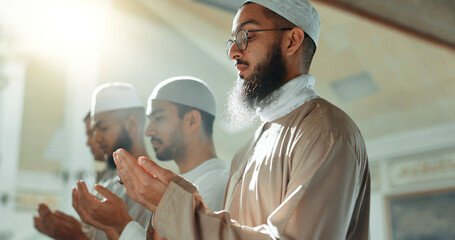 Islam, praise and group of men in mosque praying with mindfulness, gratitude and celebration of...
