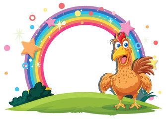 A happy chicken standing on grass with a rainbow