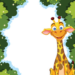 A happy giraffe surrounded by green forest foliage.