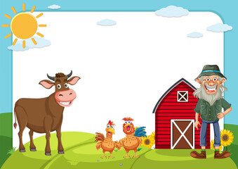 Cartoon farmer with animals and barn scene