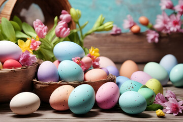 Fototapeta na wymiar Spring concept. Colorful background of Easter with colored eggs on a wooden table with copy space