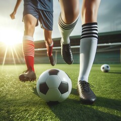 Fototapeta premium soccer player kicking ball. Soccer Match Day Energy . Generated ai. 