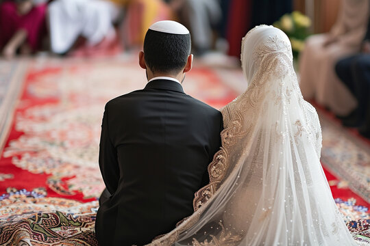 Muslim bride and groom kneeling on a prayer rug during their wedding ceremony, symbolizing the importance of faith in marriage and family life