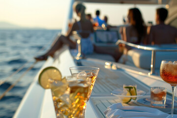 close view of a Group of friends relaxing on luxury yacht and drinking cocktails at exclusive boat...