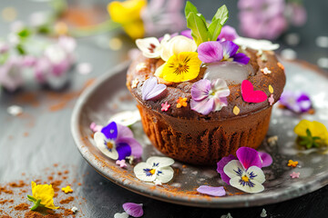 A delicious chocolate muffin with edible flowers on a ceramic plate. 