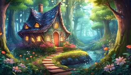 cozy little house in a magical woods on the pages of a fairy tale book